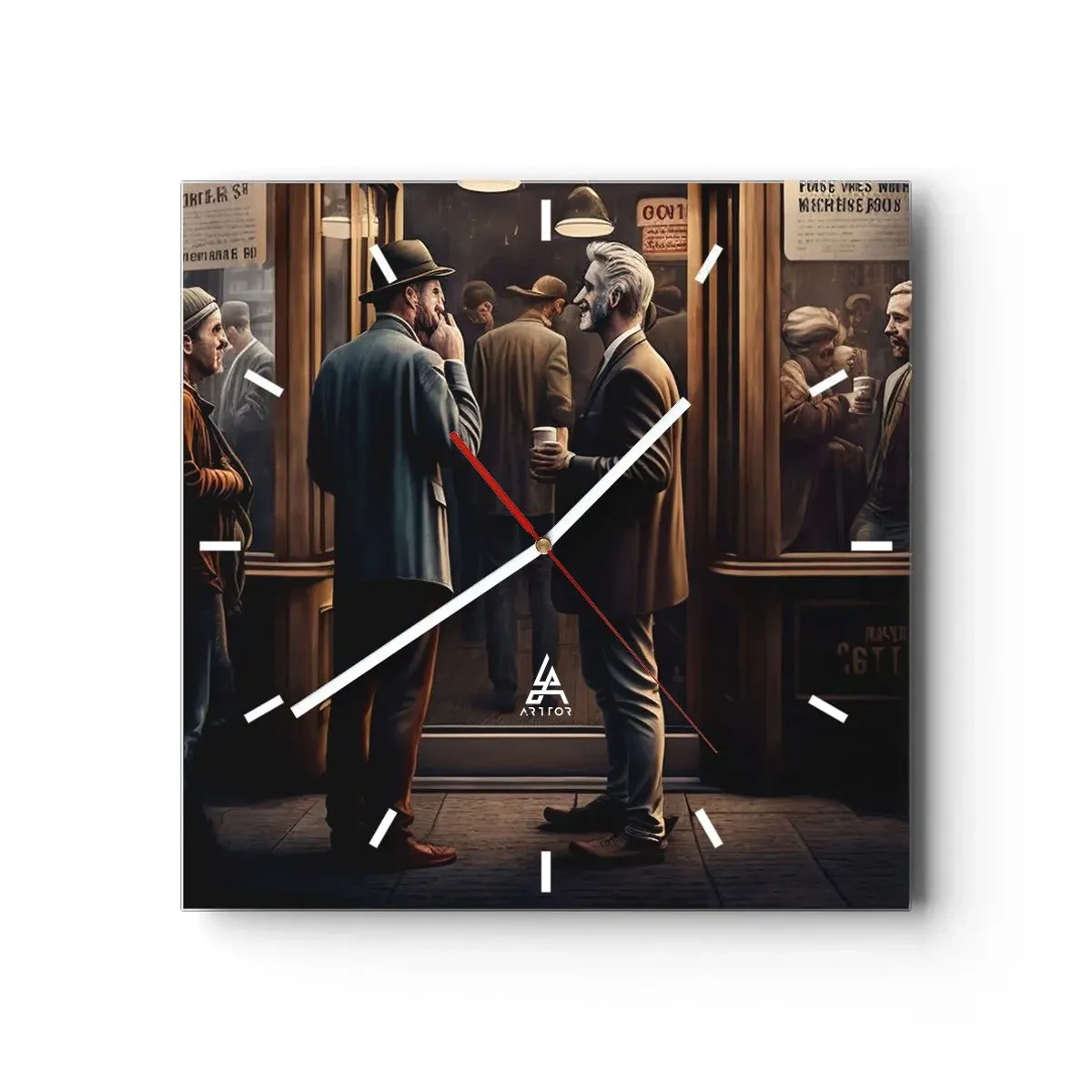 Orologio da parete - Orologio in Vetro - Scena di strada con persone davanti a un caffè retrò - 30x30cm - Il buon momento della giornata - Decorazione murale moderna per soggiorno e camera da letto ARTTOR