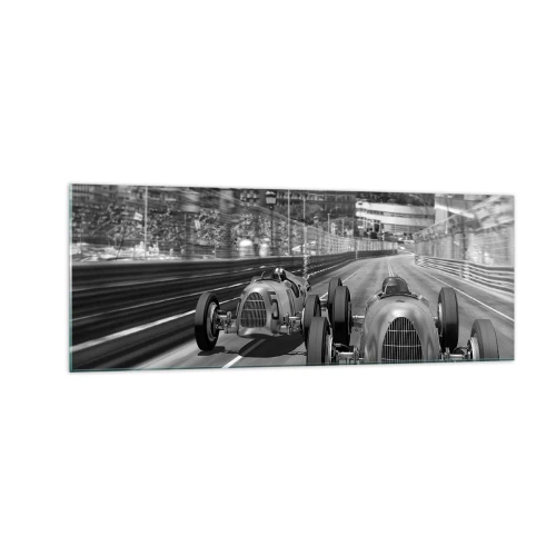 Quadro su vetro - Scena di gara automobilistica retrò monocromatica - 140x50cm - Tanto tempo fa a Montecarlo - Decorazione murale moderna per soggiorno e camera da letto ARTTOR