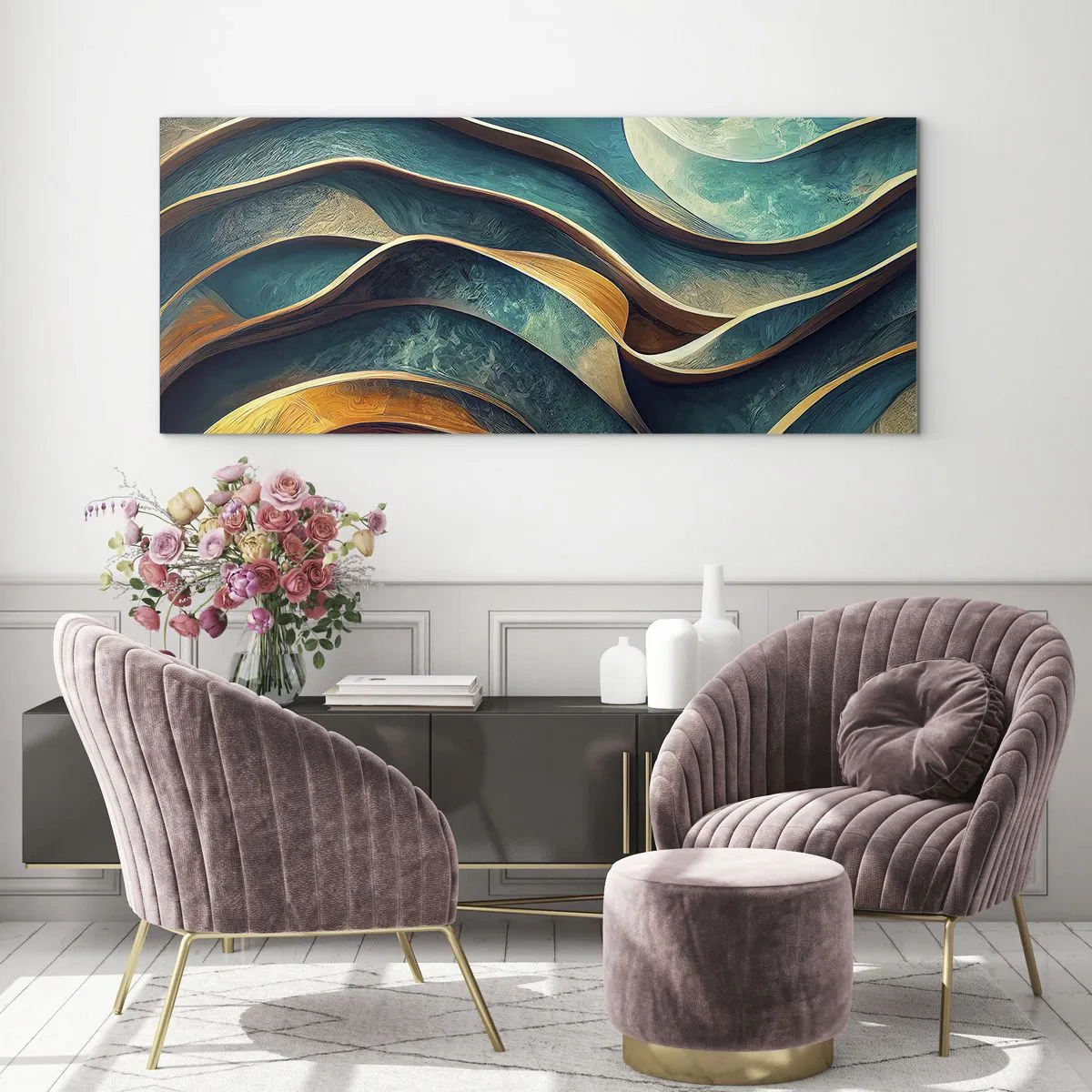 Quadro su vetro - Onde astratte nei toni del turchese e dell'oro - 120x50cm - I meandri del blu - Decorazione murale moderna per soggiorno e camera da letto ARTTOR