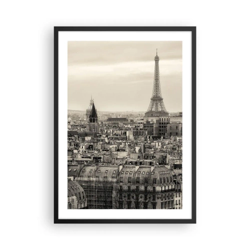 Poster in cornice nera - Panorama di Parigi con la Torre Eiffel in tonalità seppia - 50x70cm - Sui tetti di Parigi - Decorazione murale moderna per soggiorno e camera da letto ARTTOR