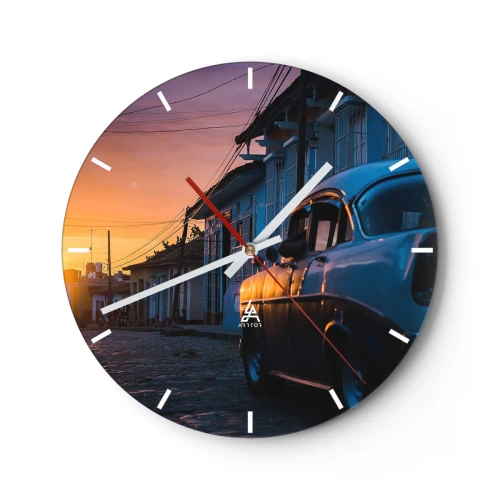 Orologio da parete - Orologio in Vetro - Auto d'epoca in strada al tramonto - 30x30cm - Qui il tempo rallenta - Decorazione murale moderna per soggiorno, cucina e camera da letto ARTTOR