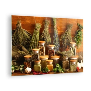 Quadro su vetro - Erbe e spezie in barattoli su fondo in legno - 70x50cm - Magie di cucina - Decorazione murale moderna per soggiorno e camera da letto ARTTOR