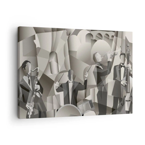 Quadro su tela - Stampe su Tela - Scena astratta con musicisti jazz in tonalità di grigio. - 70x50cm - Nello spazio dei suono - Decorazione murale moderna per soggiorno e camera da letto ARTTOR