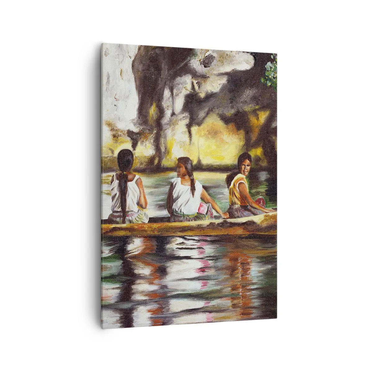Quadro su tela - Stampe su Tela - Donne in barca su un fiume calmo con uno sfondo pittoresco - 70x100cm - Nel paradiso della Polinesia - Decorazione murale moderna per soggiorno e camera da letto ARTTOR