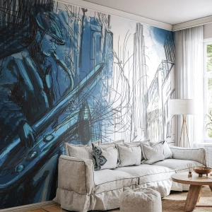 Fotomurali Premium Sand - Un musicista con un sassofono sullo sfondo dell'architettura urbana - 100x70cm - Rapsodia urbana - Decorazione murale moderna per soggiorno e camera da letto ARTTOR