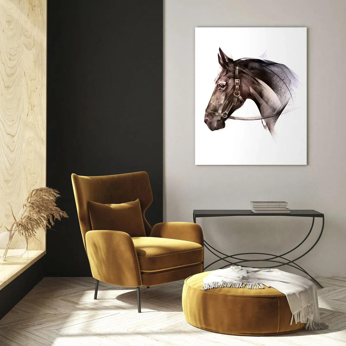 Quadro su vetro - Un profilo di cavallo in una delicata forma artistica su uno sfondo bianco - 80x120cm - Che grazia - Decorazione murale moderna per soggiorno e camera da letto ARTTOR
