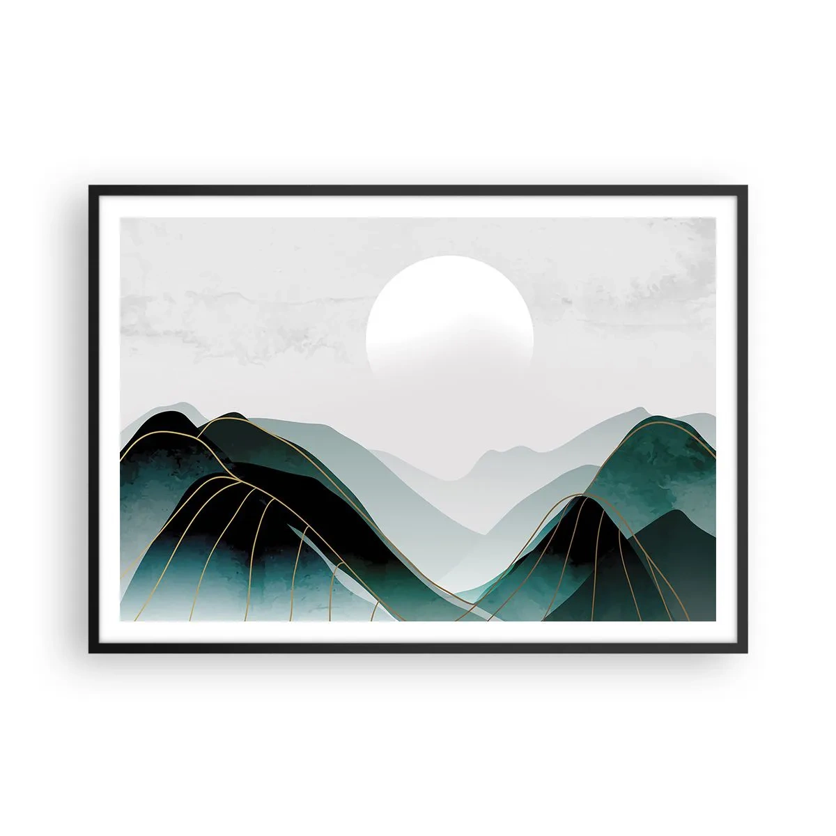 Poster in cornice nera - Paesaggio montano astratto con la luna e linee dorate - 100x70cm - In tutta la maestà - Decorazione murale moderna per soggiorno e camera da letto ARTTOR