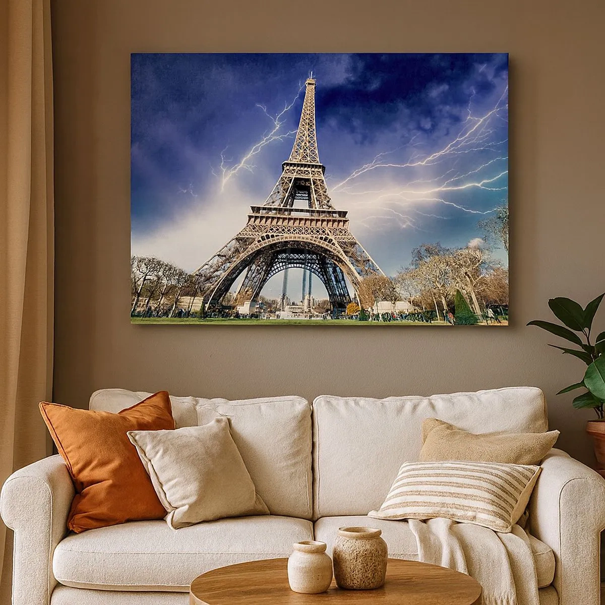Quadro su tela - Stampe su Tela - La Torre Eiffel con un cielo tempestoso e fulmini sullo sfondo - 70x50cm - La signora delle tempeste - Decorazione murale moderna per soggiorno e camera da letto ARTTOR
