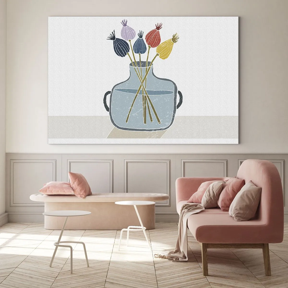 Quadro su vetro - Teste di papavero decorative in una brocca in stile grafico - 70x50cm - Il silenzio dei papaveri - Decorazione murale moderna per soggiorno e camera da letto ARTTOR