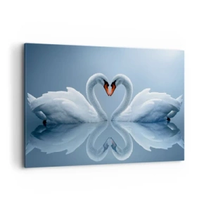 Quadro su tela - Stampe su Tela - Due cigni formano un cuore su una superficie calma dell'acqua - 100x70cm - Il tempo dell'amore - Decorazione murale moderna per soggiorno e camera da letto ARTTOR