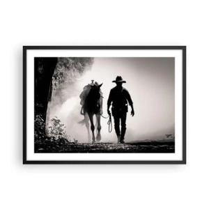 Poster in cornice nera - Cowboy con cavallo nella nebbia mattutina - 70x50cm - Mattino texano - Decorazione murale moderna per soggiorno e camera da letto ARTTOR