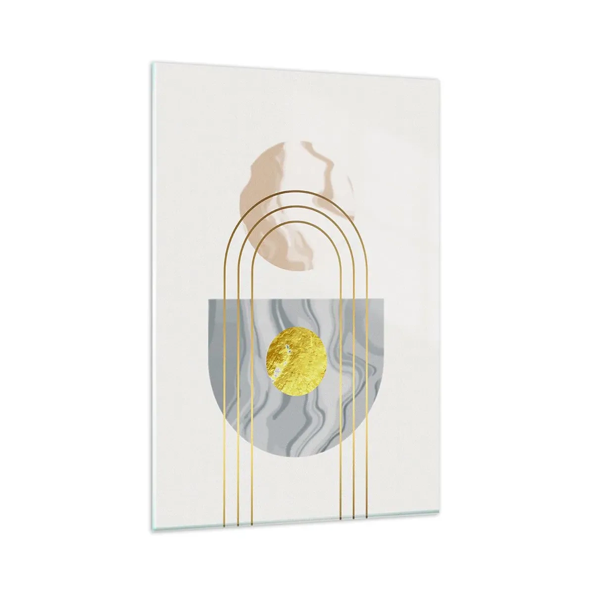 Quadro su vetro - Composizione astratta con cerchi e linee dorate su uno sfondo chiaro. - 80x120cm - Chiarezza e lucentezza - Decorazione murale moderna per soggiorno e camera da letto ARTTOR