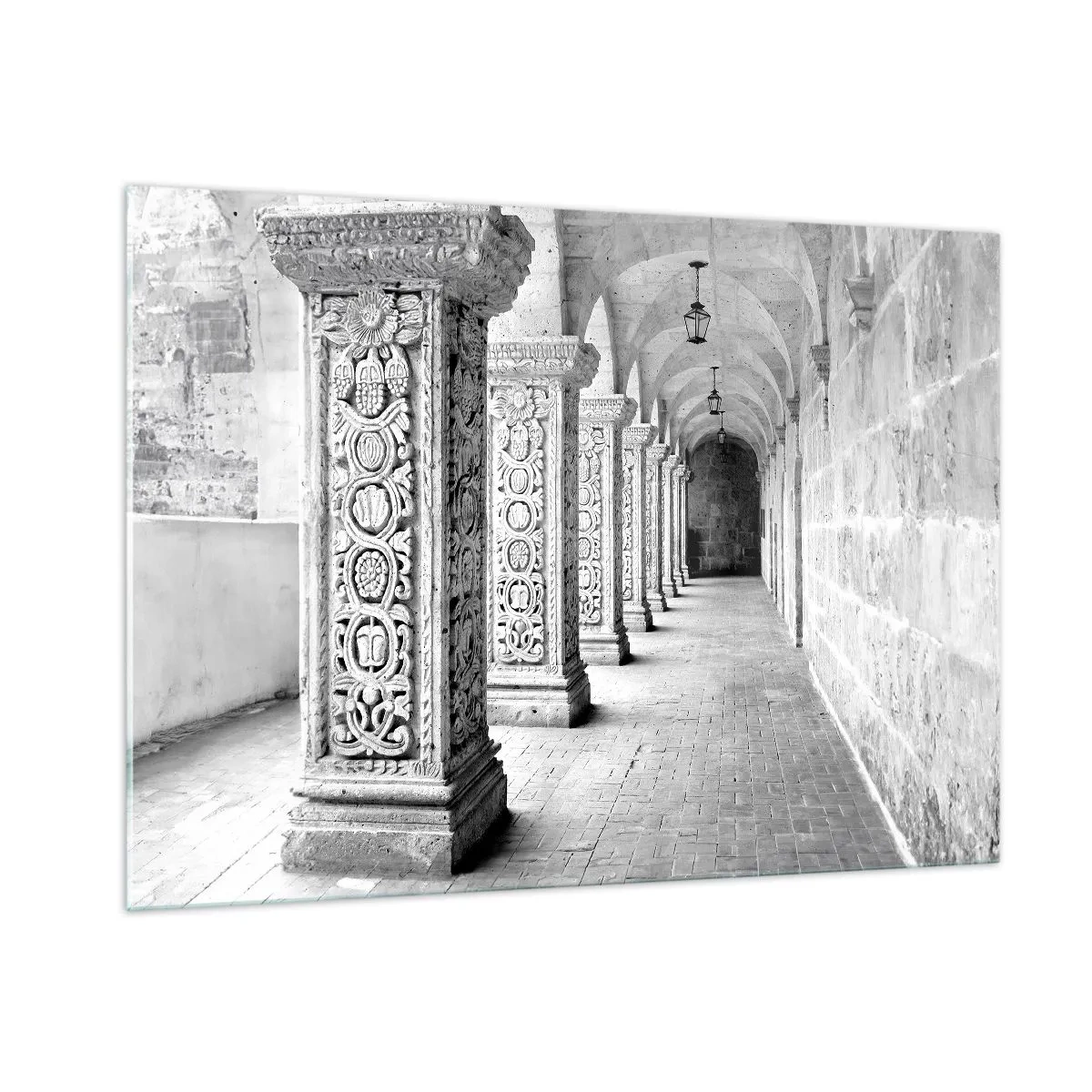 Quadro su vetro - Chiostro storico con colonne scolpite - 100x70cm - Dove porterà? - Decorazione murale moderna per soggiorno e camera da letto ARTTOR