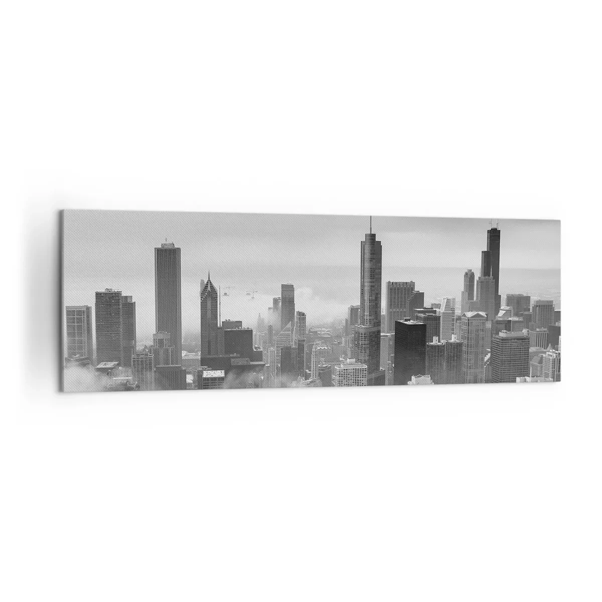 Quadro su tela - Stampe su Tela - Panorama della città con grattacieli tra le nuvole in bianco e nero - 160x50cm - Paesaggio americano - Decorazione murale moderna per soggiorno e camera da letto ARTTOR