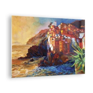 Quadro su vetro - Una città colorata su una scogliera a picco sul mare - 70x50cm - Atmosfera italiana - Decorazione murale moderna per soggiorno e camera da letto ARTTOR