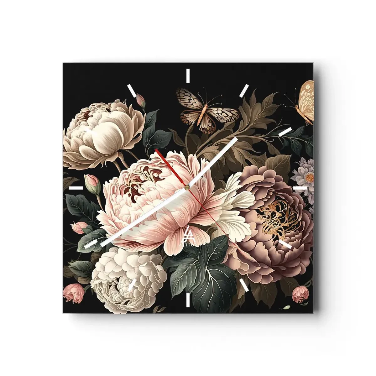 Orologio da parete - Orologio in Vetro - Un bouquet di fiori rosa e farfalle su uno sfondo nero - 30x30cm - In stile barocco - Decorazione murale moderna per soggiorno e camera da letto ARTTOR