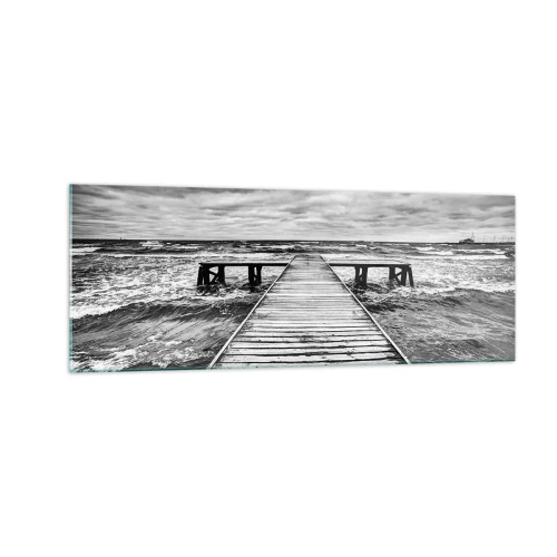 Quadro su vetro - Una vista in bianco e nero di un molo di legno su un mare in tempesta. - 140x50cm - Aspetto che il vento le scacci via... - Decorazione murale moderna per soggiorno e camera da letto ARTTOR