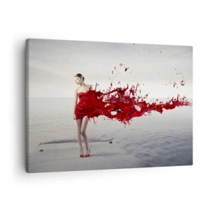 Quadro su tela - Stampe su Tela - Una donna in abito rosso in una composizione artistica in riva all'acqua - 70x50cm - Appassionata come lo scarlatto - Decorazione murale moderna per soggiorno e camera da letto ARTTOR