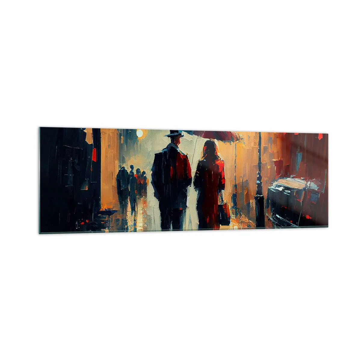 Quadro su vetro - Camminare sotto la pioggia sotto un ombrello in città di notte - 160x50cm - Love story cittadina - Decorazione murale moderna per soggiorno e camera da letto ARTTOR