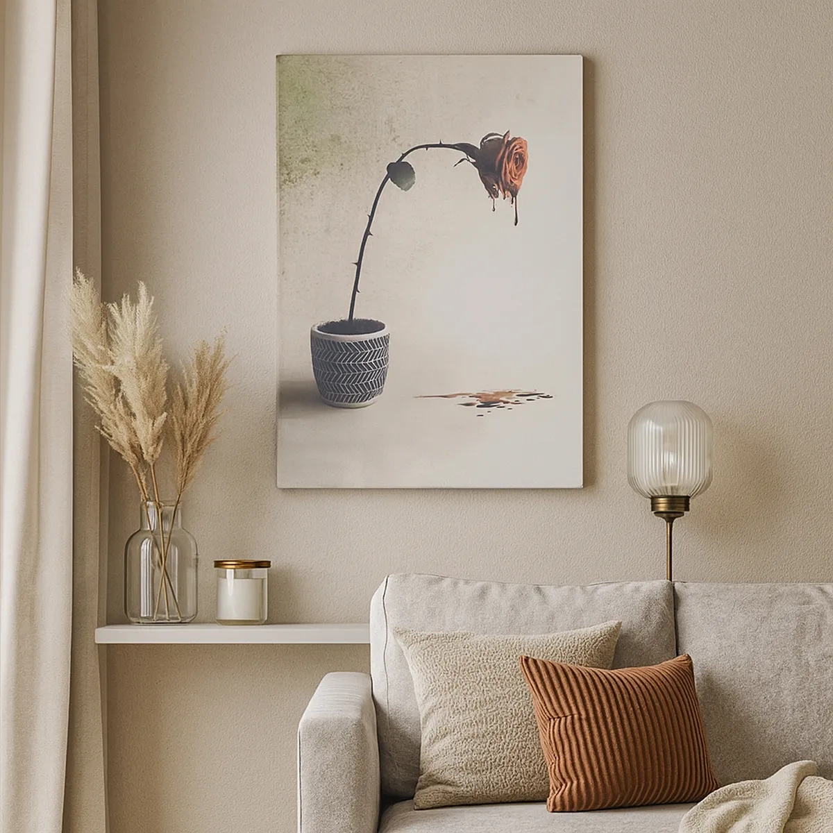 Quadro su tela - Stampe su Tela - Una rosa rossa in un vaso con gocce di tintura su uno sfondo bianco - 50x70cm - Rosa dolorosa - Decorazione murale moderna per soggiorno e camera da letto ARTTOR