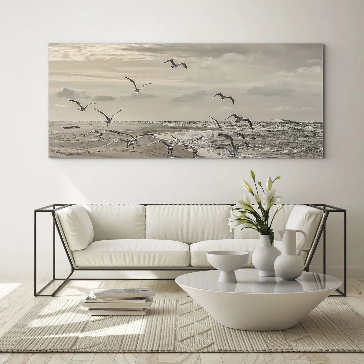 Quadro su vetro - Un gabbiano in volo sopra un paesaggio costiero - 120x50cm - Brusio del mare, canto degli uccelli - Decorazione murale moderna per soggiorno e camera da letto ARTTOR