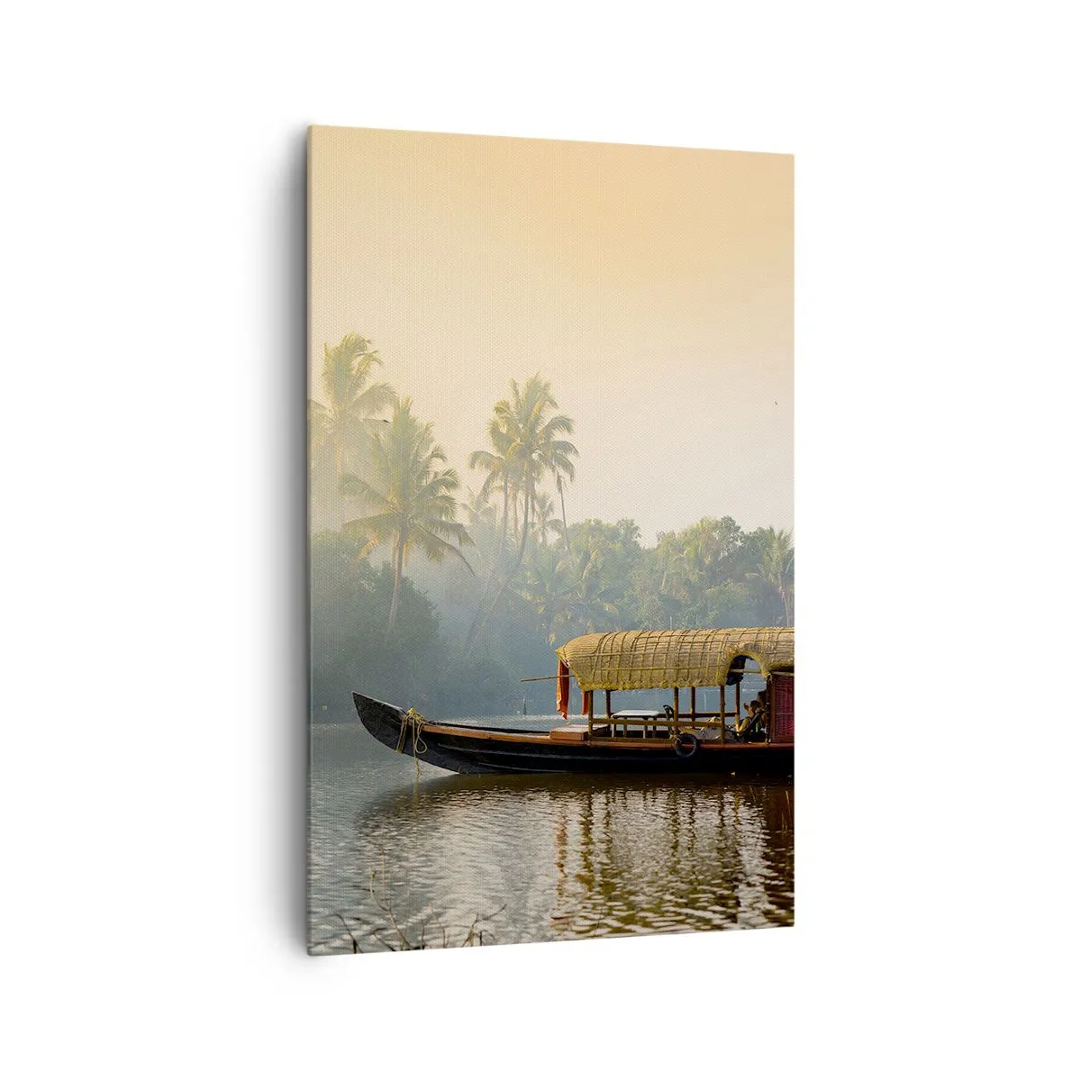 Quadro su tela - Stampe su Tela - Una barca tradizionale su un fiume calmo tra le palme - 80x120cm - Casa sul fiume - Decorazione murale moderna per soggiorno e camera da letto ARTTOR