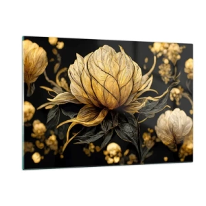 Quadro su vetro - Fiori dorati su sfondo nero in una composizione elegante - 120x80cm - Delicata fragilità - Decorazione murale moderna per soggiorno e camera da letto ARTTOR