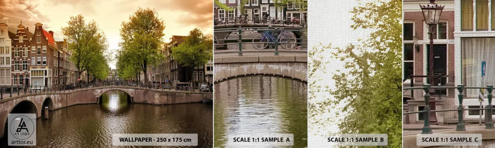 Campione di Fotomurale Premium Canvas - In barca o in bicicletta? - Città, Amsterdam, Canale del ponte di barche - 100x30 cm