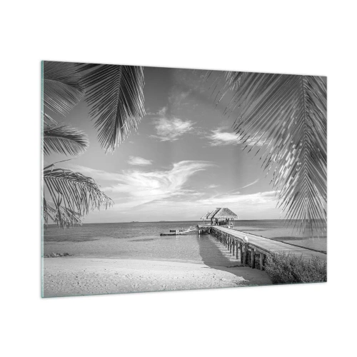 Quadro su vetro - Ripresa in bianco e nero di una spiaggia tropicale con un molo - 100x70cm - Un ricordo o un sogno? - Decorazione murale moderna per soggiorno e camera da letto ARTTOR