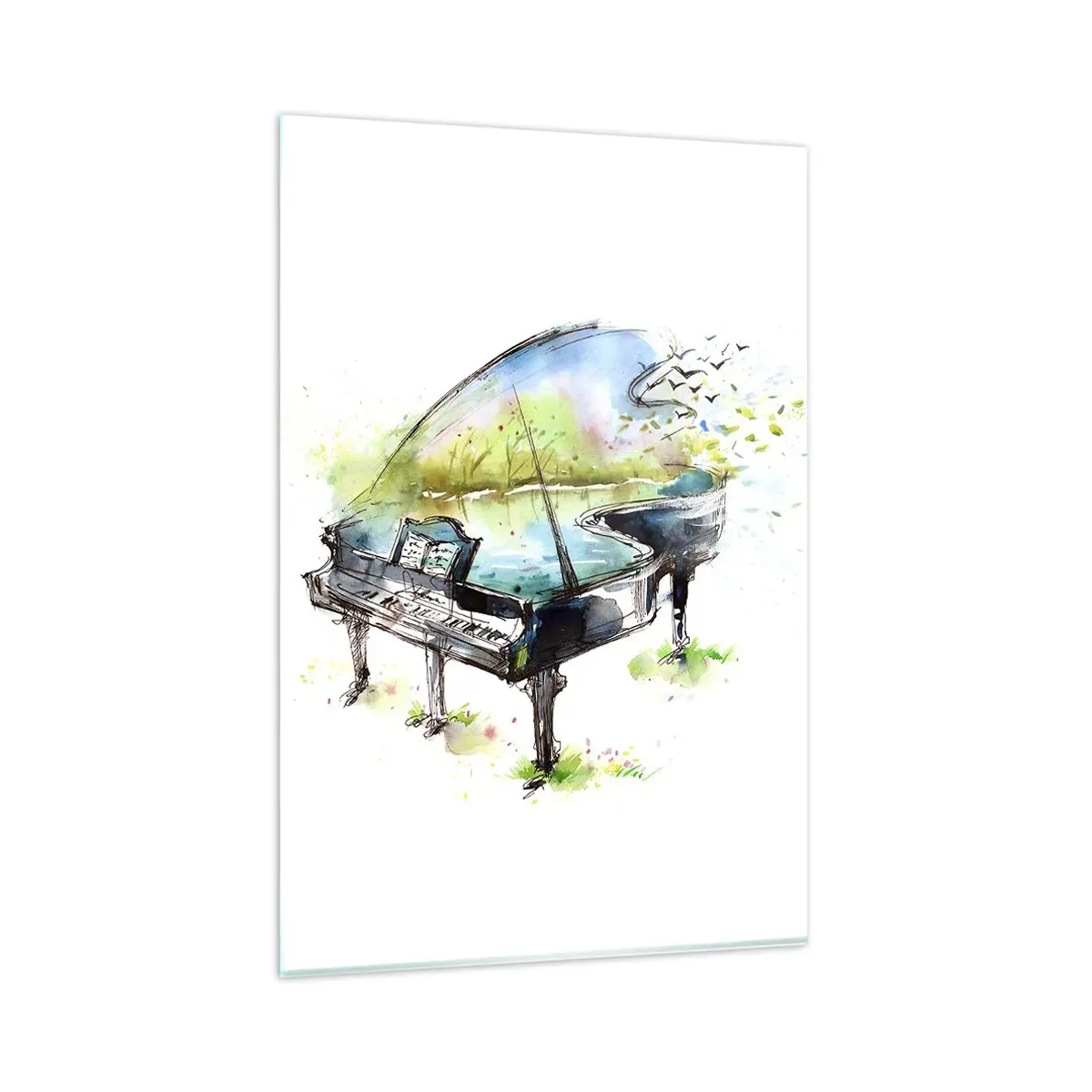Quadro su vetro - Dipinto artistico ad acquerello di un pianoforte con la natura sullo sfondo - 80x120cm - Incantato nella musica - Decorazione murale moderna per soggiorno e camera da letto ARTTOR