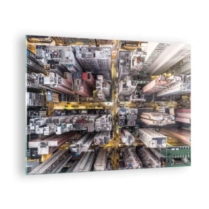Quadro su vetro - Una vista a volo d'uccello della metropoli - 70x50cm - Saluti da Hong Kong - Decorazione murale moderna per soggiorno e camera da letto ARTTOR