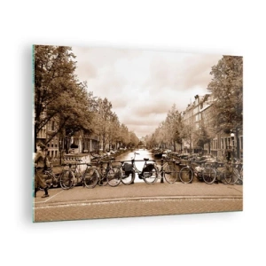 Quadro su vetro - Ponte di Amsterdam con biciclette retrò - 70x50cm - Atmosfera olandese - Decorazione murale moderna per soggiorno e camera da letto ARTTOR