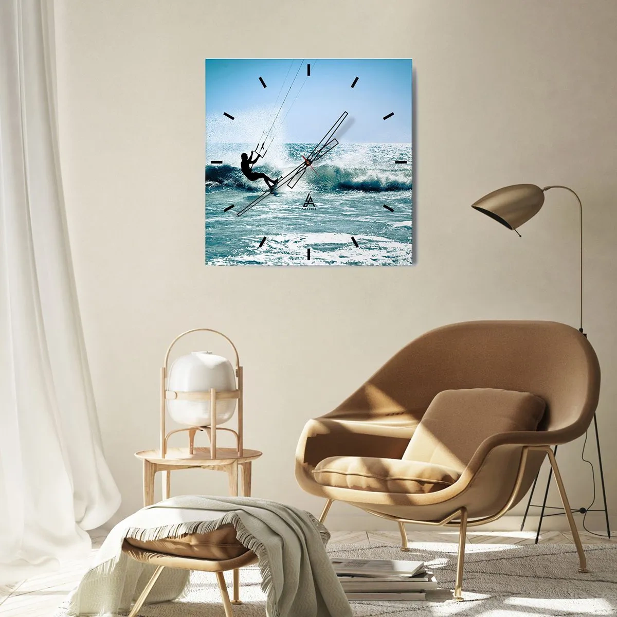 Orologio da parete - Orologio in Vetro - Kitesurfer cavalca un'onda in pieno sole - 30x30cm - Fatti sollevare - Decorazione murale moderna per soggiorno e camera da letto ARTTOR