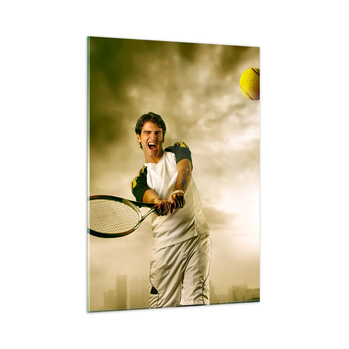 Quadro su vetro - Un tennista che colpisce la palla sullo sfondo di una città - 50x70cm - Energia e gioia - Decorazione murale moderna per soggiorno e camera da letto ARTTOR