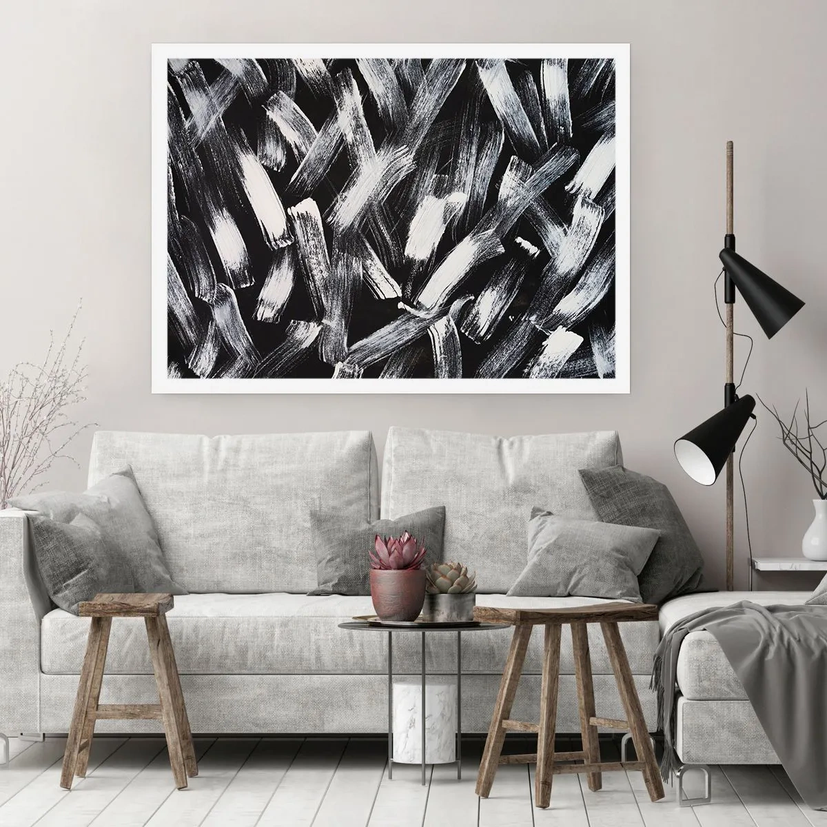 Poster - Astrazione dinamica con pennellate bianche su sfondo nero. - 100x70cm - Astrazione in spirito industriale - Decorazione murale moderna per soggiorno e camera da letto ARTTOR