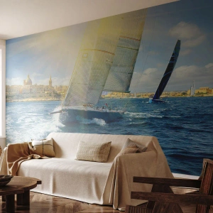 Fotomurali Premium Canvas - Gara di yacht sullo sfondo di una costa soleggiata - 100x70cm - Tempo di lasciare la città - Decorazione murale moderna per soggiorno e camera da letto ARTTOR