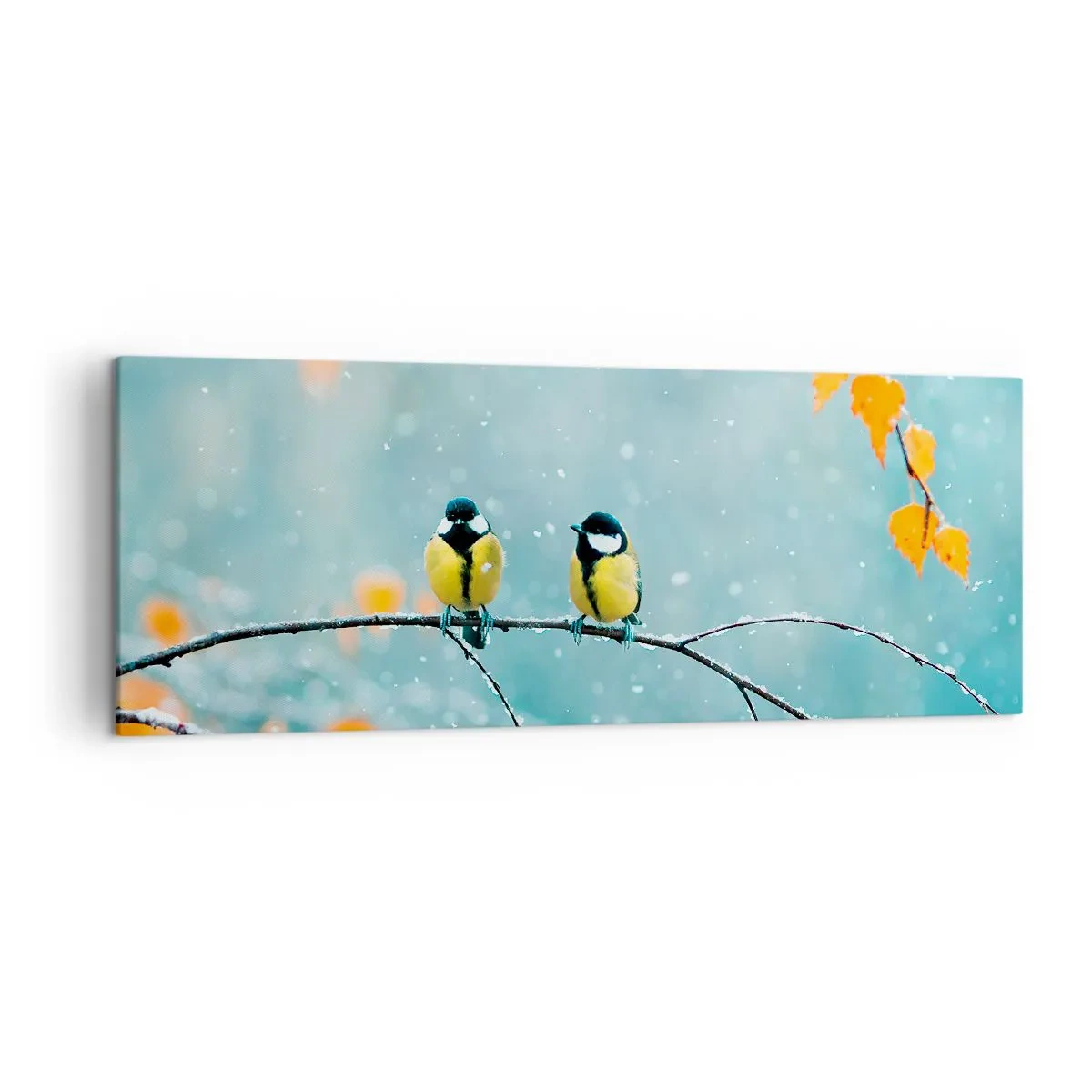 Quadro su tela - Stampe su Tela - Due uccelli su un ramo in un ambiente invernale con foglie gialle. - 140x50cm - Pettegolezzi alati - Decorazione murale moderna per soggiorno e camera da letto ARTTOR