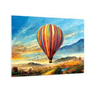Quadro su vetro - Un palloncino colorato che fluttua sopra un paesaggio montano - 70x50cm - Nel silenzio si vede meglio - Decorazione murale moderna per soggiorno e camera da letto ARTTOR