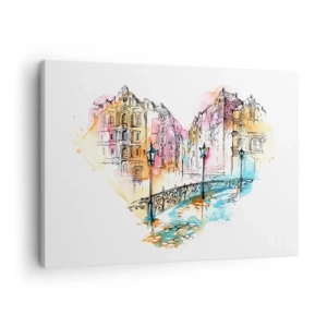Quadro su tela - Stampe su Tela - Acquerello di un ponte e case popolari a forma di cuore - 70x50cm - Il cuore della città - Decorazione murale moderna per soggiorno e camera da letto ARTTOR