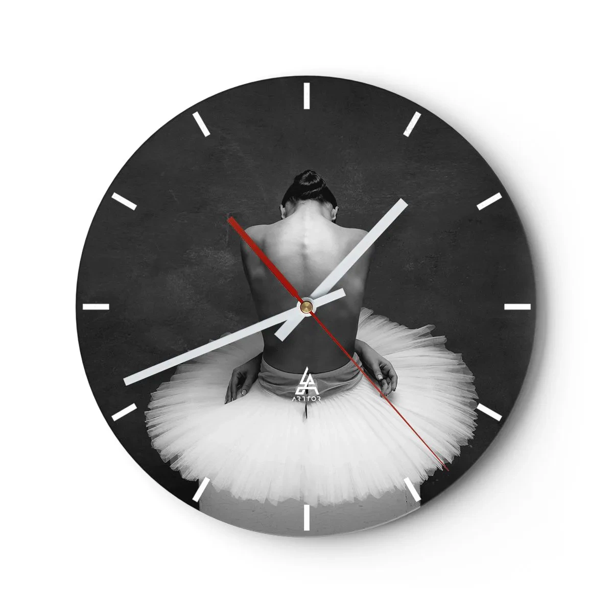 Orologio da parete - Orologio in Vetro - Una ballerina con una gonna di tulle seduta all'indietro in bianco e nero - 30x30cm - Fiorisce adesso - Decorazione murale moderna per soggiorno, cucina e camera da letto ARTTOR