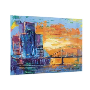 Quadro su vetro - La città colorata e il ponte al chiarore del sole al tramonto - 100x70cm - Cultura e natura - Decorazione murale moderna per soggiorno e camera da letto ARTTOR