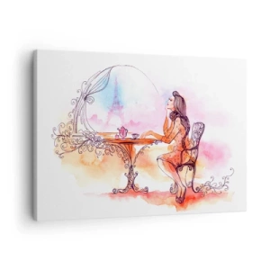 Quadro su tela - Stampe su Tela - Acquerello romantico di una donna in un caffè con vista su una torre - 70x50cm - Chic parigino - Decorazione murale moderna per soggiorno e camera da letto ARTTOR