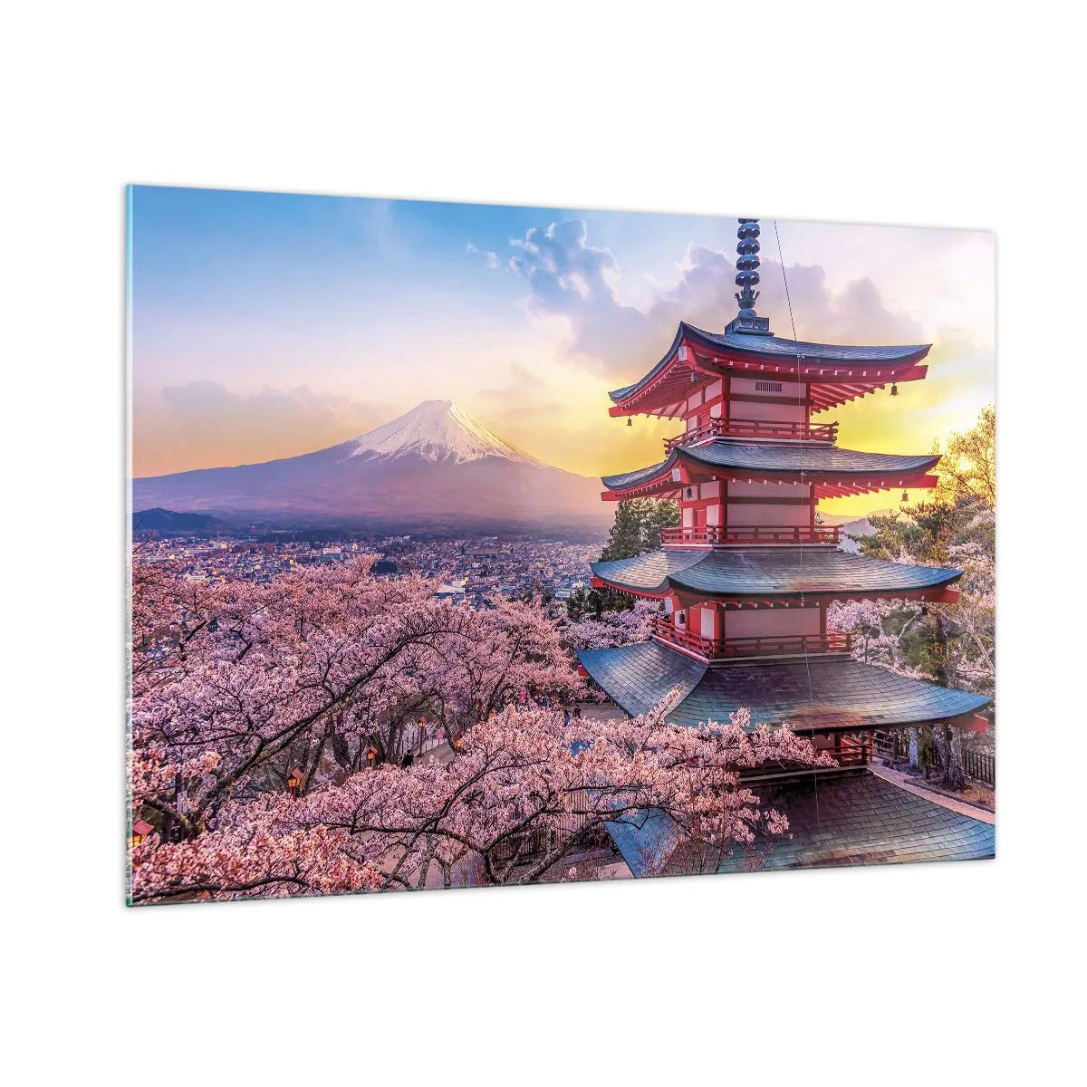 Quadro su vetro - Una pagoda in un paesaggio giapponese con vista sul Monte Fuji e sugli alberi in fiore - 100x70cm - L'essenza dell'anima giapponese - Decorazione murale moderna per soggiorno e camera da letto ARTTOR