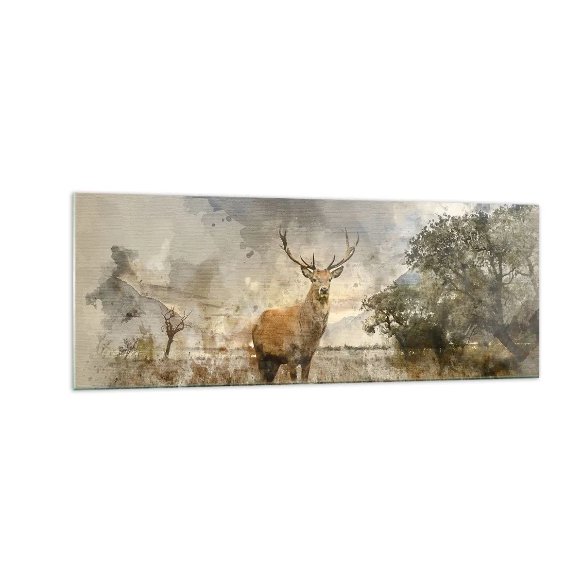 Quadro su vetro - Un cervo in un ambiente naturale in stile acquerello - 140x50cm - Dignità - forza - maestosità - Decorazione murale moderna per soggiorno e camera da letto ARTTOR