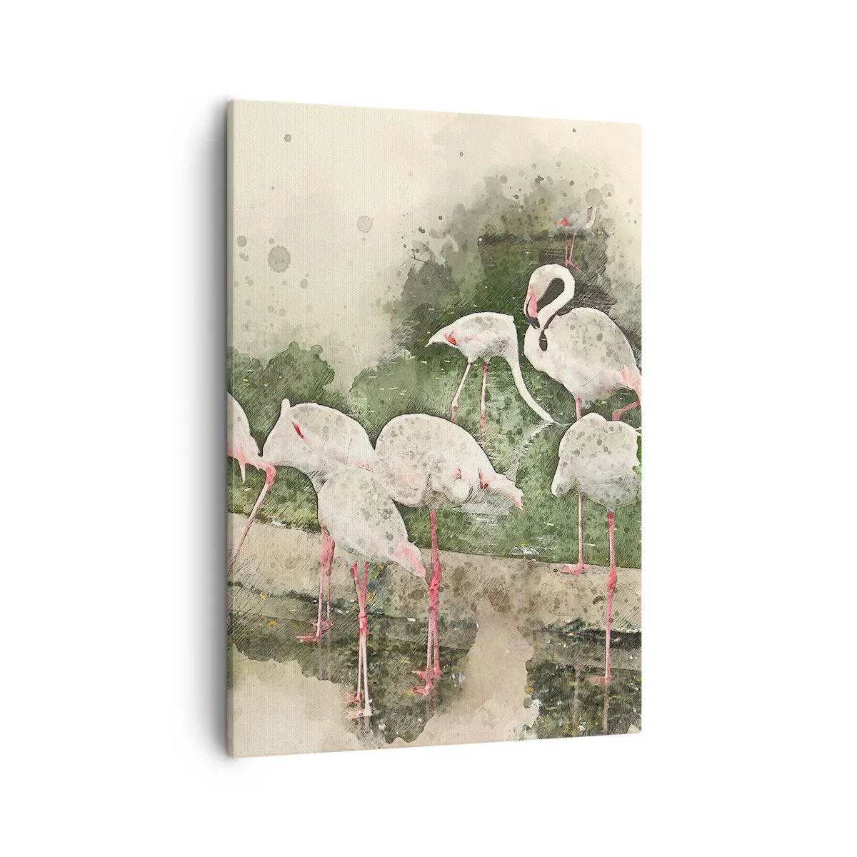 Quadro su tela - Stampe su Tela - Fenicotteri nel loro ambiente naturale in stile acquerello - 50x70cm - Sogno esotico - Decorazione murale moderna per soggiorno e camera da letto ARTTOR
