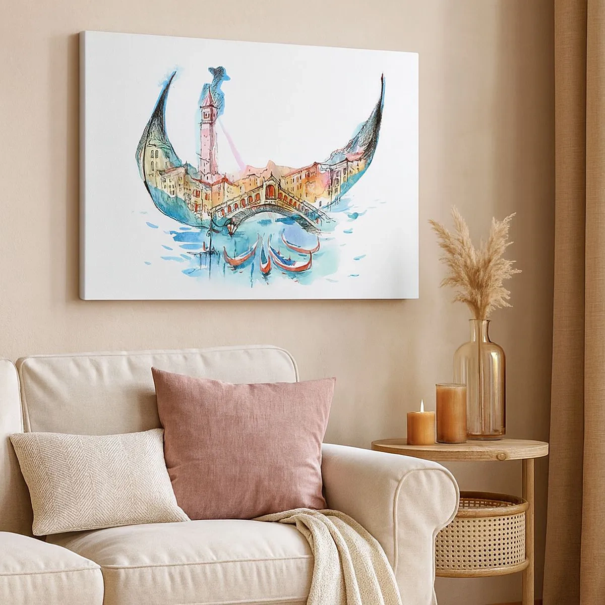 Quadro su tela - Stampe su Tela - Una composizione ad acquerello di Venezia a forma di gondola - 70x50cm - Navighiamo dentro la città - Decorazione murale moderna per soggiorno e camera da letto ARTTOR