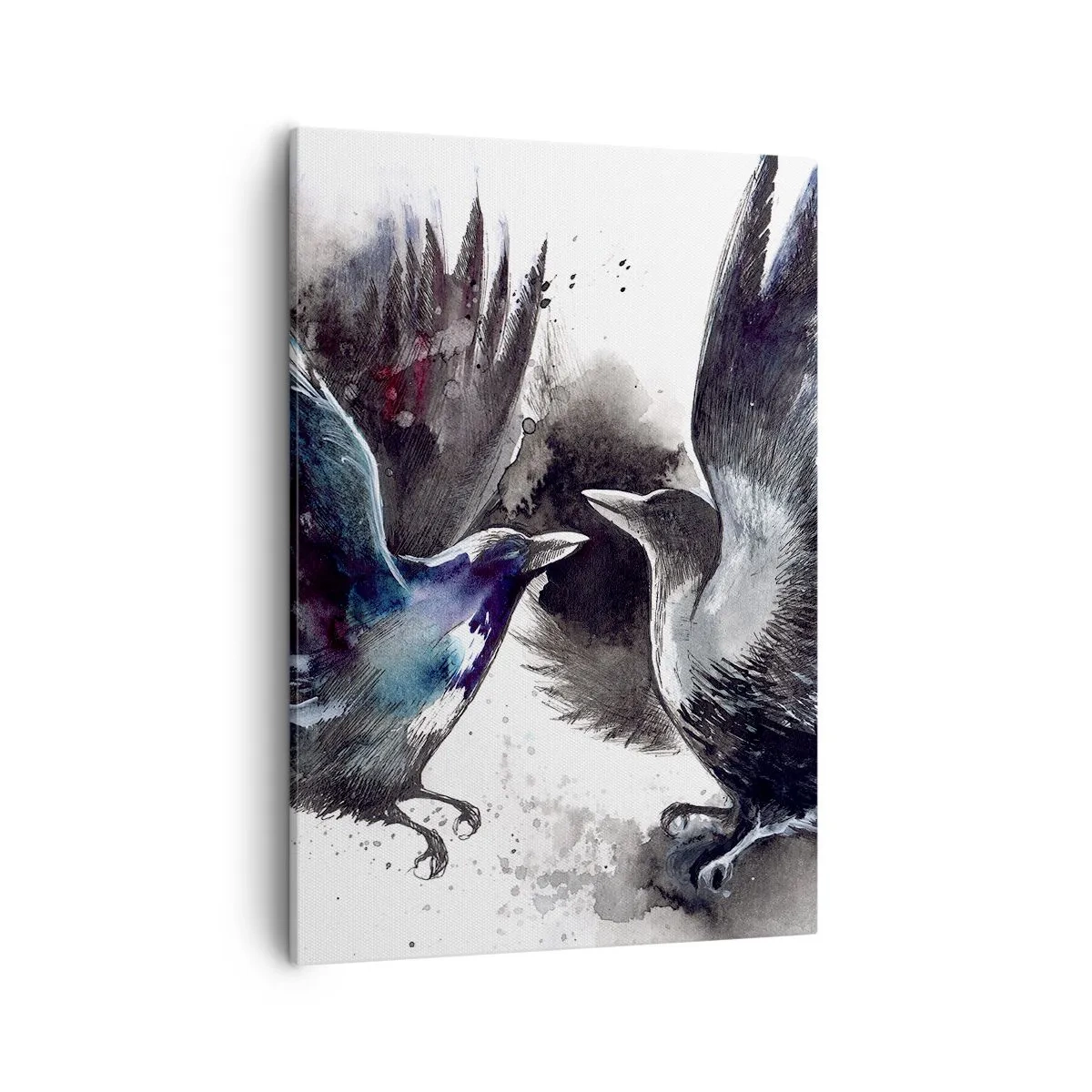 Quadro su tela - Stampe su Tela - Corvi artistici in una composizione dinamica ad acquerello - 50x70cm - Corvi imperiali - Decorazione murale moderna per soggiorno e camera da letto ARTTOR