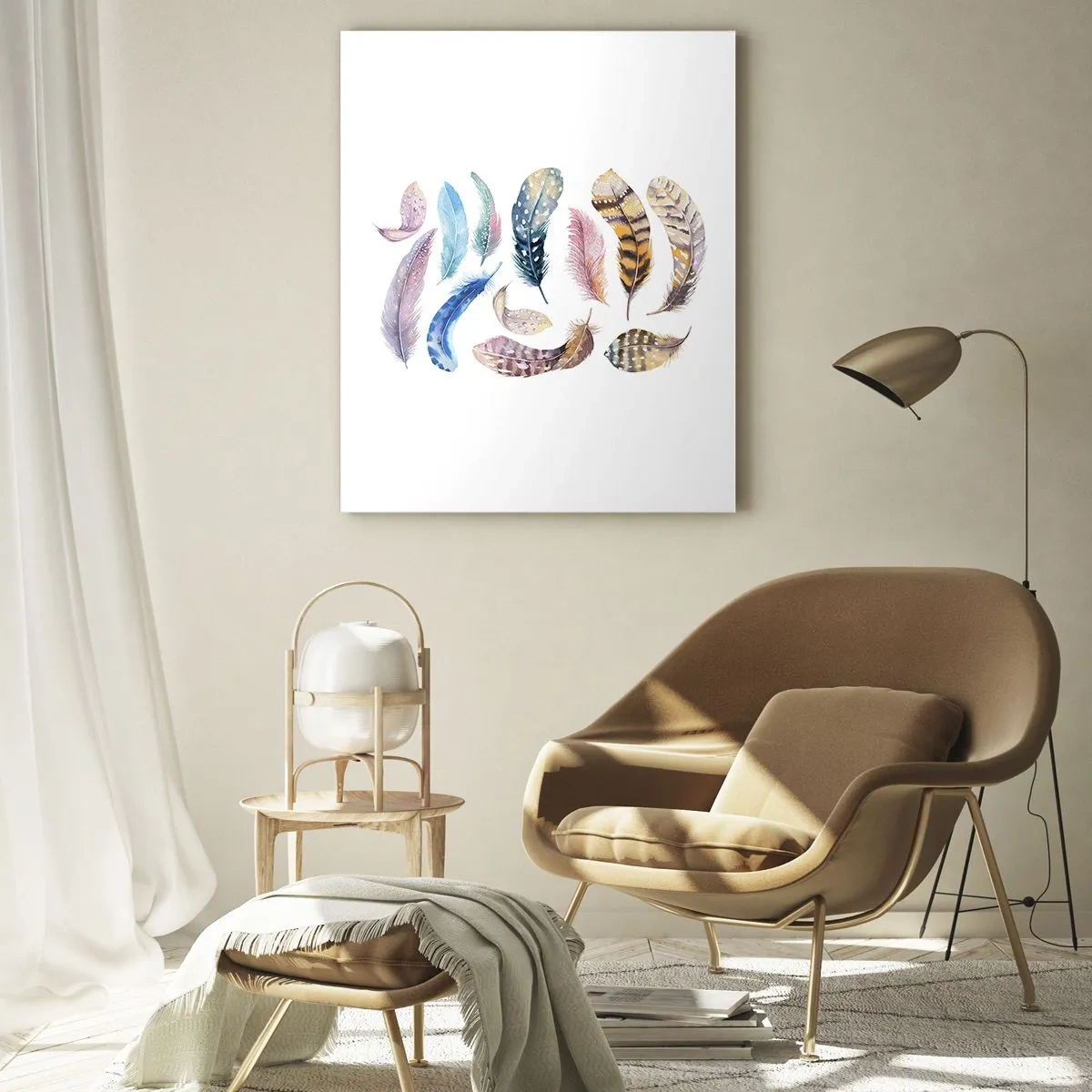 Quadro su vetro - Piume colorate in un delicato stile acquerello - 80x120cm - Leggere, variopinte e multicolori - Decorazione murale moderna per soggiorno e camera da letto ARTTOR