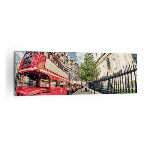 Quadro su tela - Stampe su Tela - Autobus rosso a due piani a Londra vicino alla strada e alla cattedrale - 160x50cm - Via di Londra in grigio e rosso - Decorazione murale moderna per soggiorno e camera da letto ARTTOR