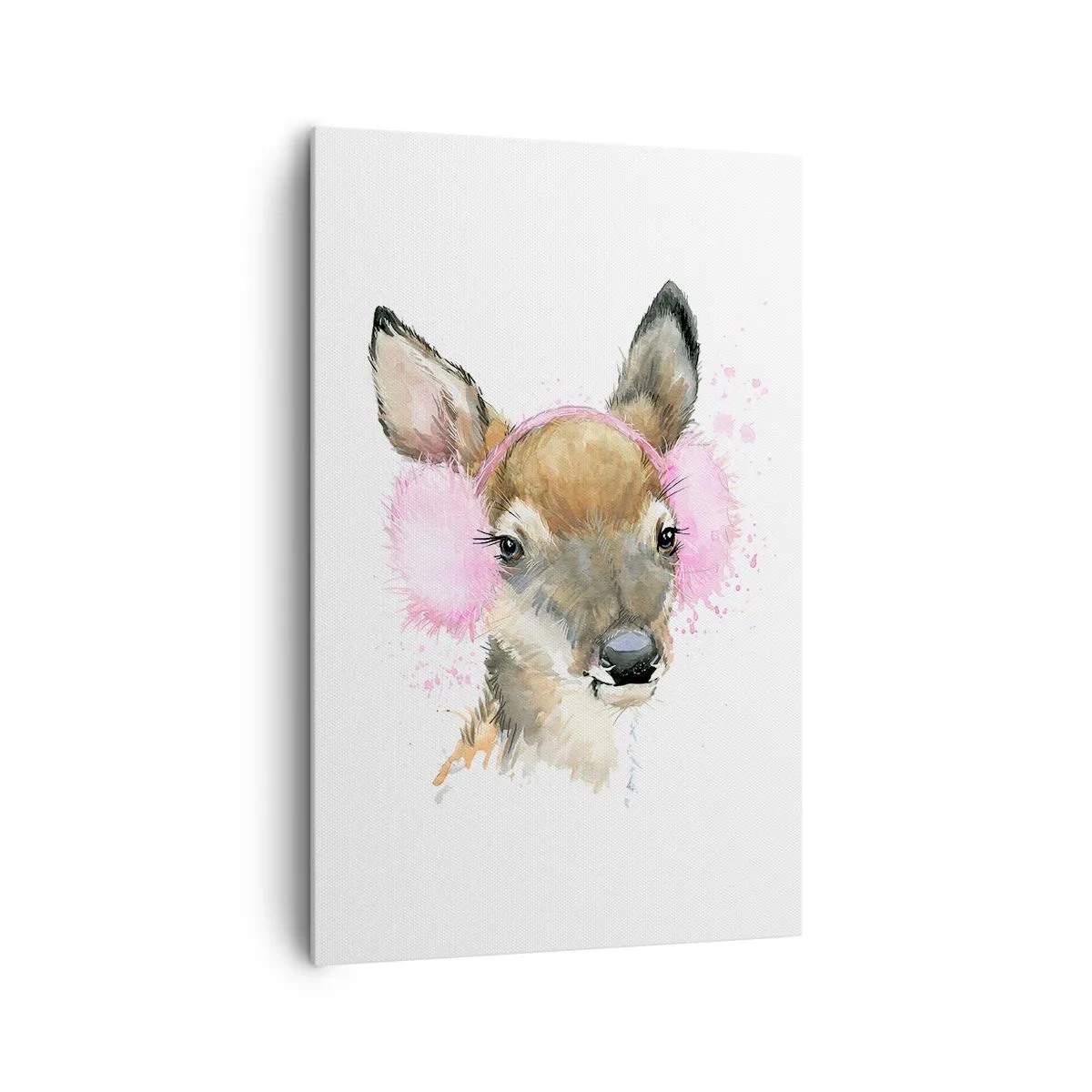 Quadro su tela - Stampe su Tela - Cervo acquerello con paraorecchie rosa - 80x120cm - E il gelo non mette più paura - Decorazione murale moderna per soggiorno e camera da letto ARTTOR